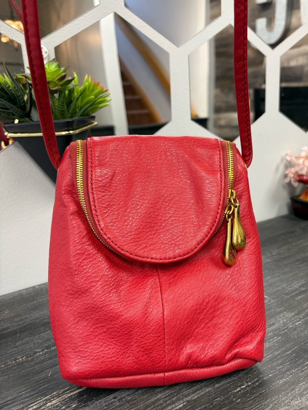HOBO Red Leather Crossbody with Gold Zipper Pulls